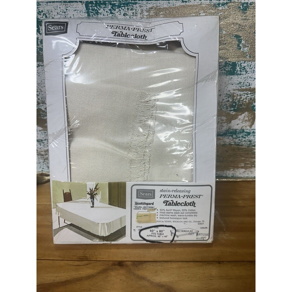 Vintage Sears Perma-Prest  Tablecloth 60x80” USA Antique White
